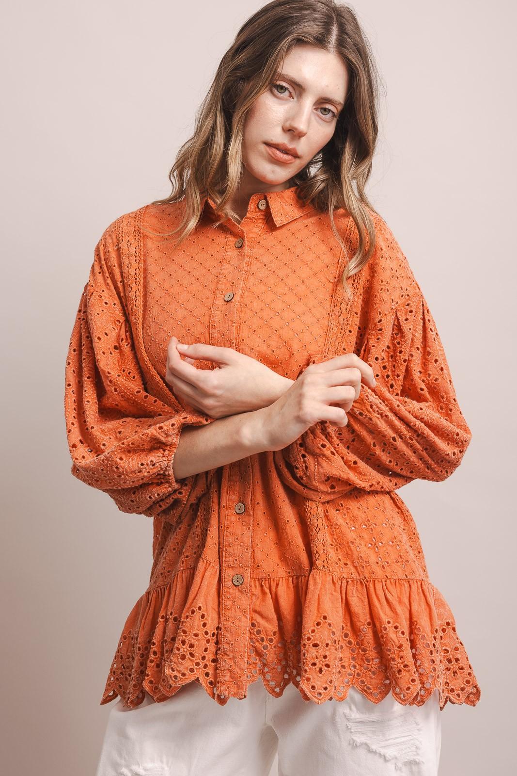 Coral 3/4 Sleeve Balloon Sleeve Eyelet Ruffle Blouse