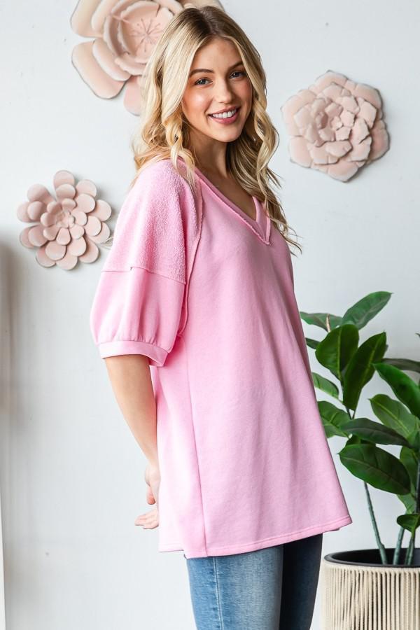 Blush Short Sleeve V Neck Solid Top