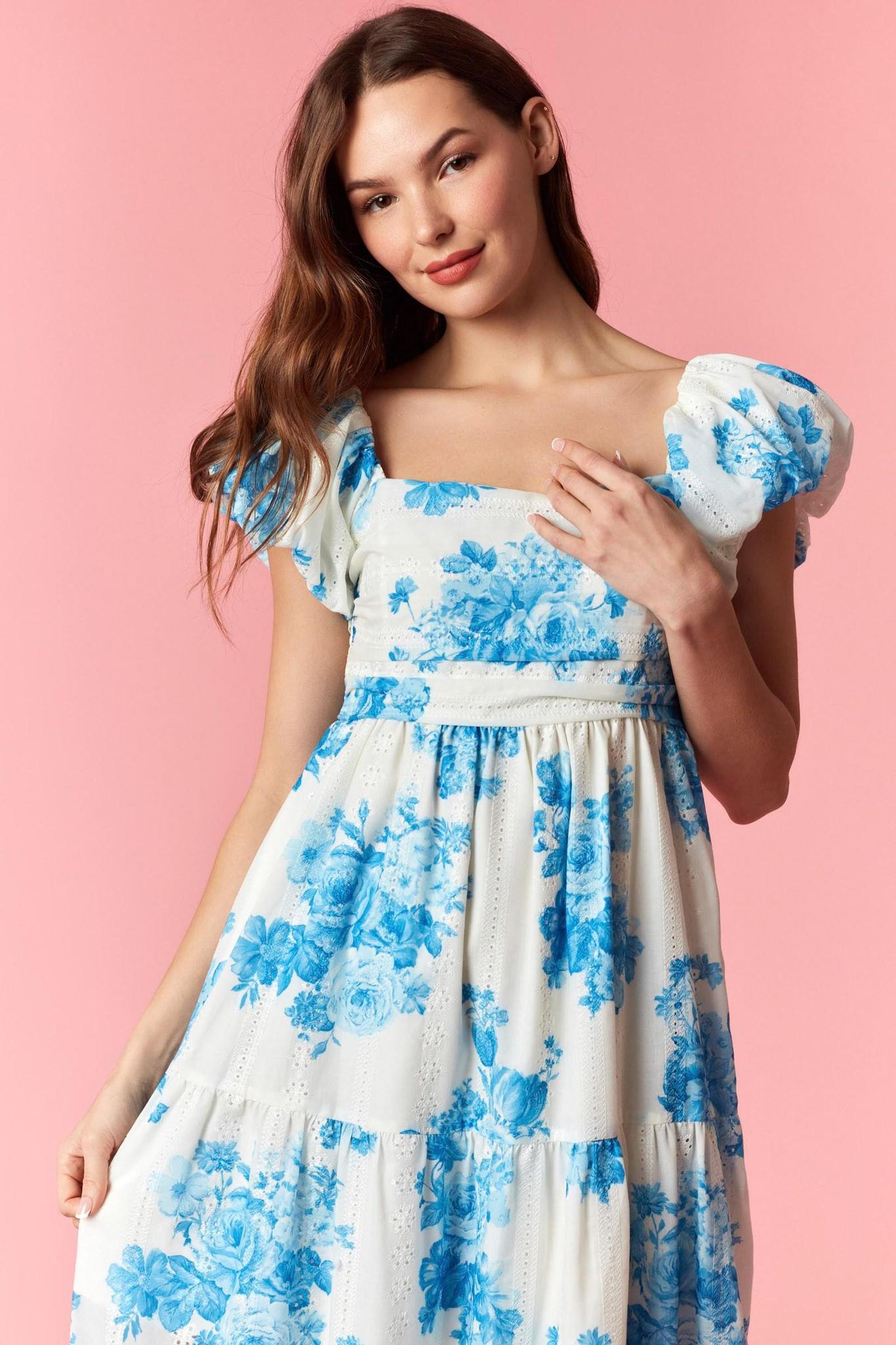 Blue Floral Print Cap Puff Sleeve Smocked Maxi Dress