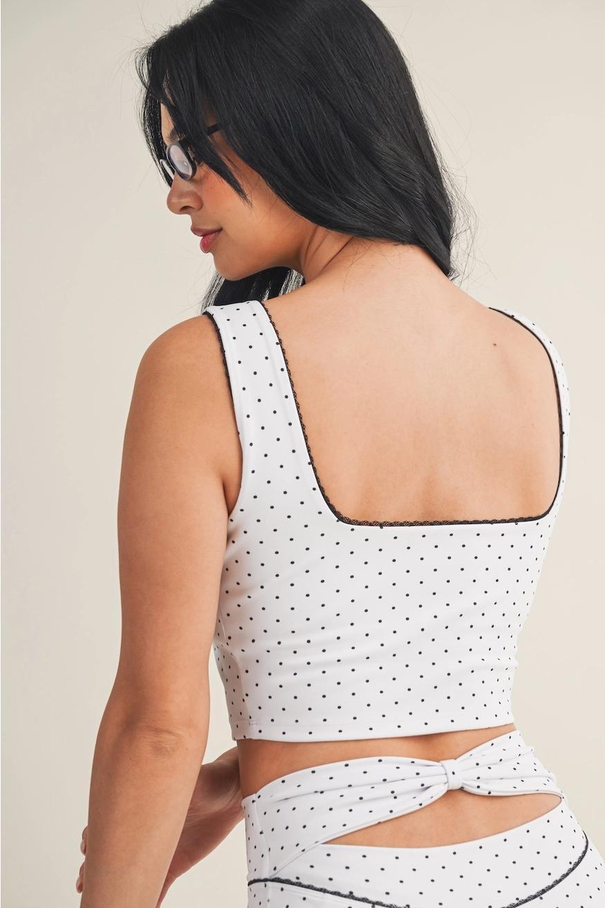 Polka Dot Print Crop Tank with Lace Trim