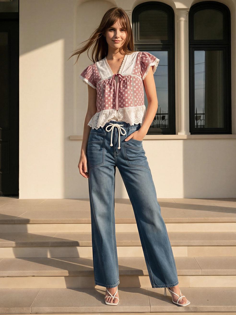 Red Gingham Lace Trim Blouse
