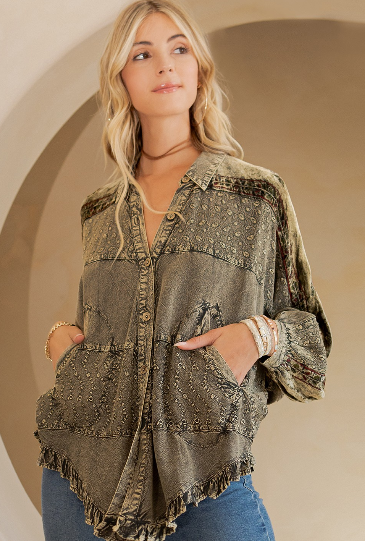 Gravel Bohemian Stonewashed Rayon Bat Sleeves Top