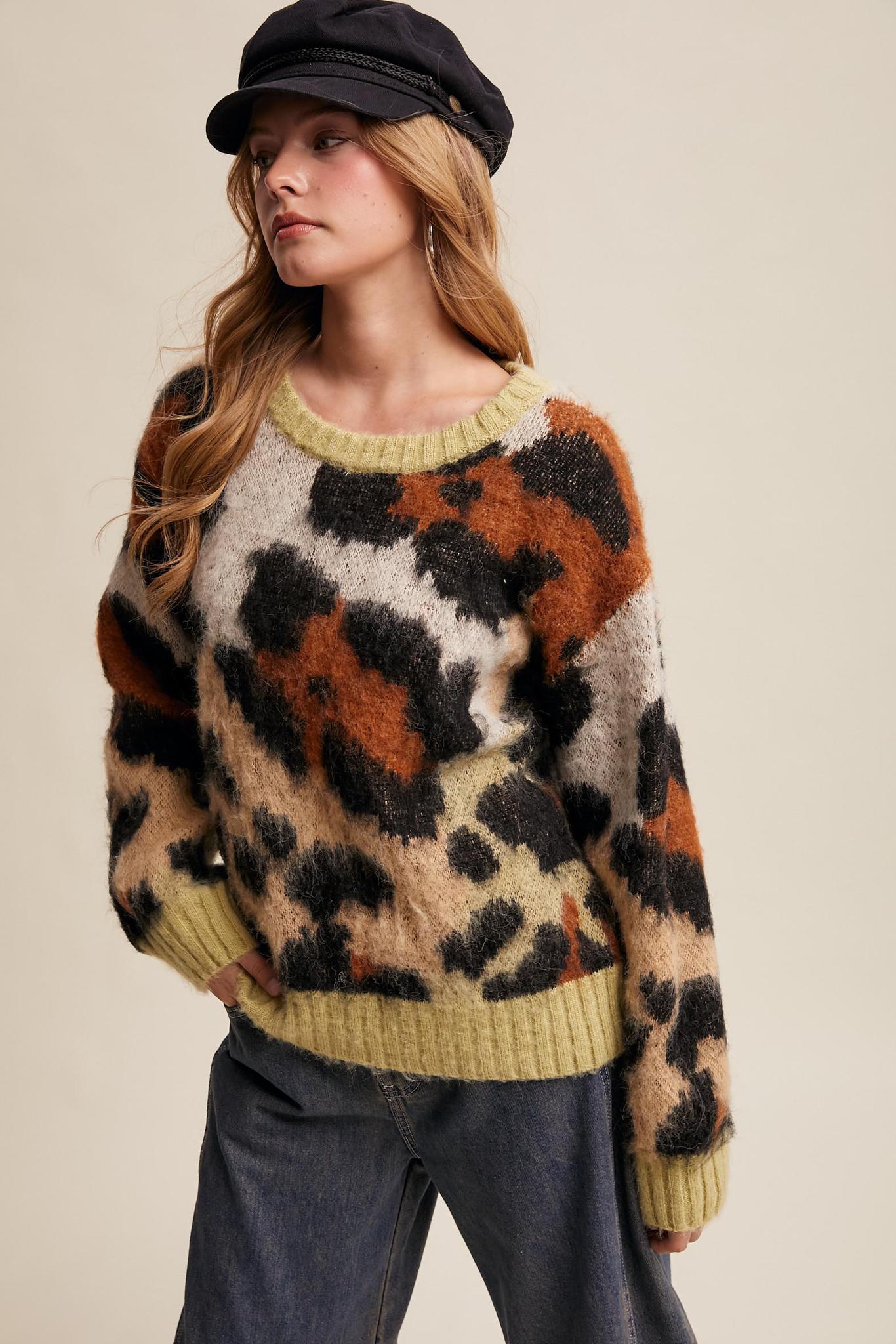 Fuzzy Abstract Leopard Knit Pullover Sweater