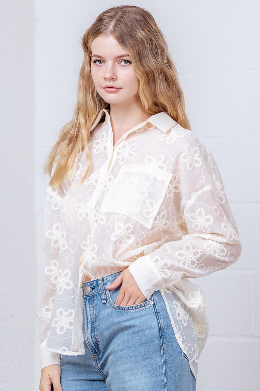 Cream Floral Embroidery Button Down Top