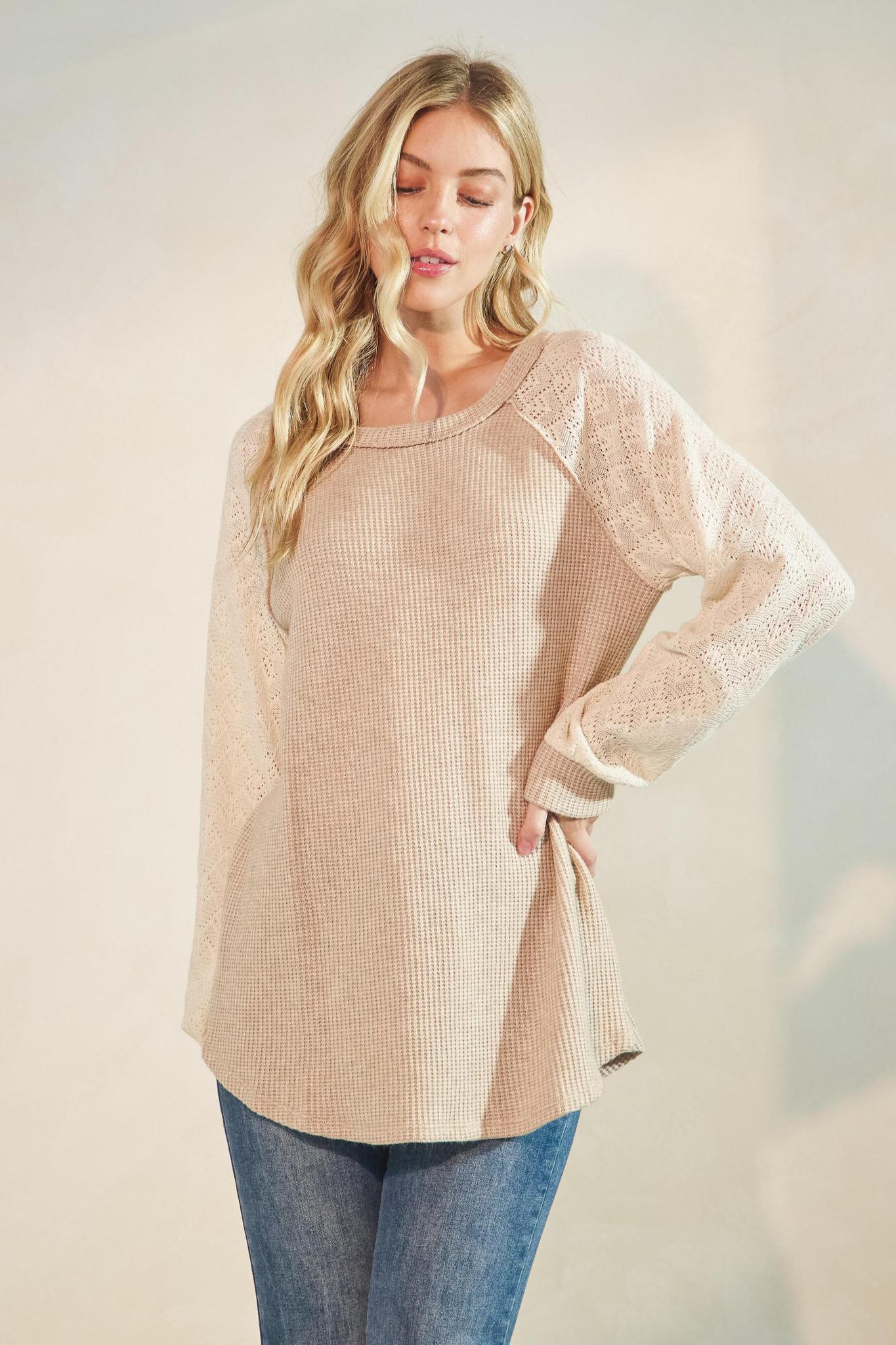 Oatmeal Puff Sleeve Solid Color Block Top