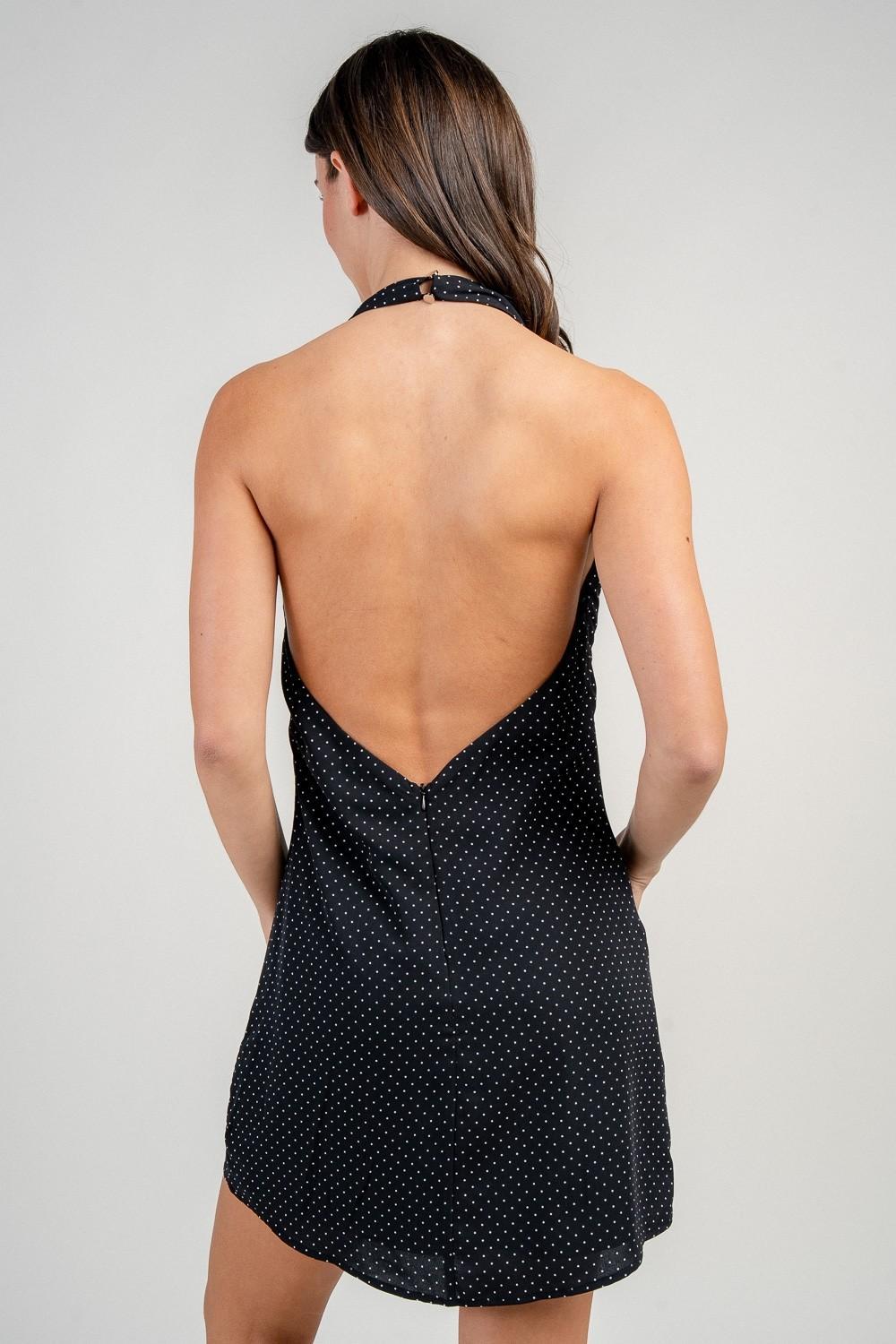 Black A-line Halter Polka Mini Dress