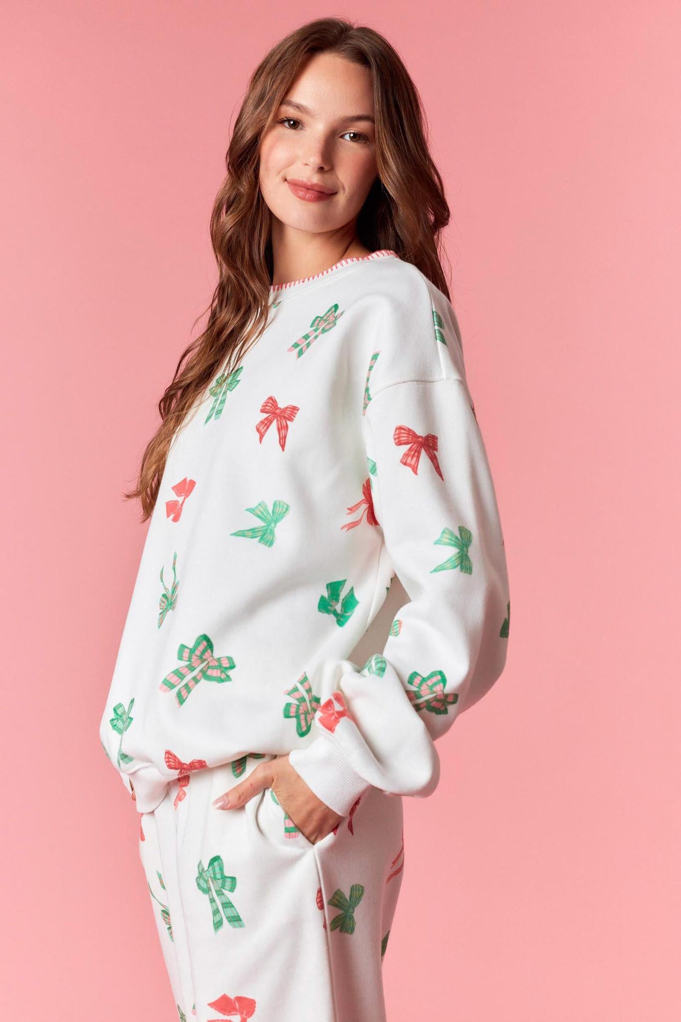 Multi Bow Blanket Stitch Fleece Sweatshirts