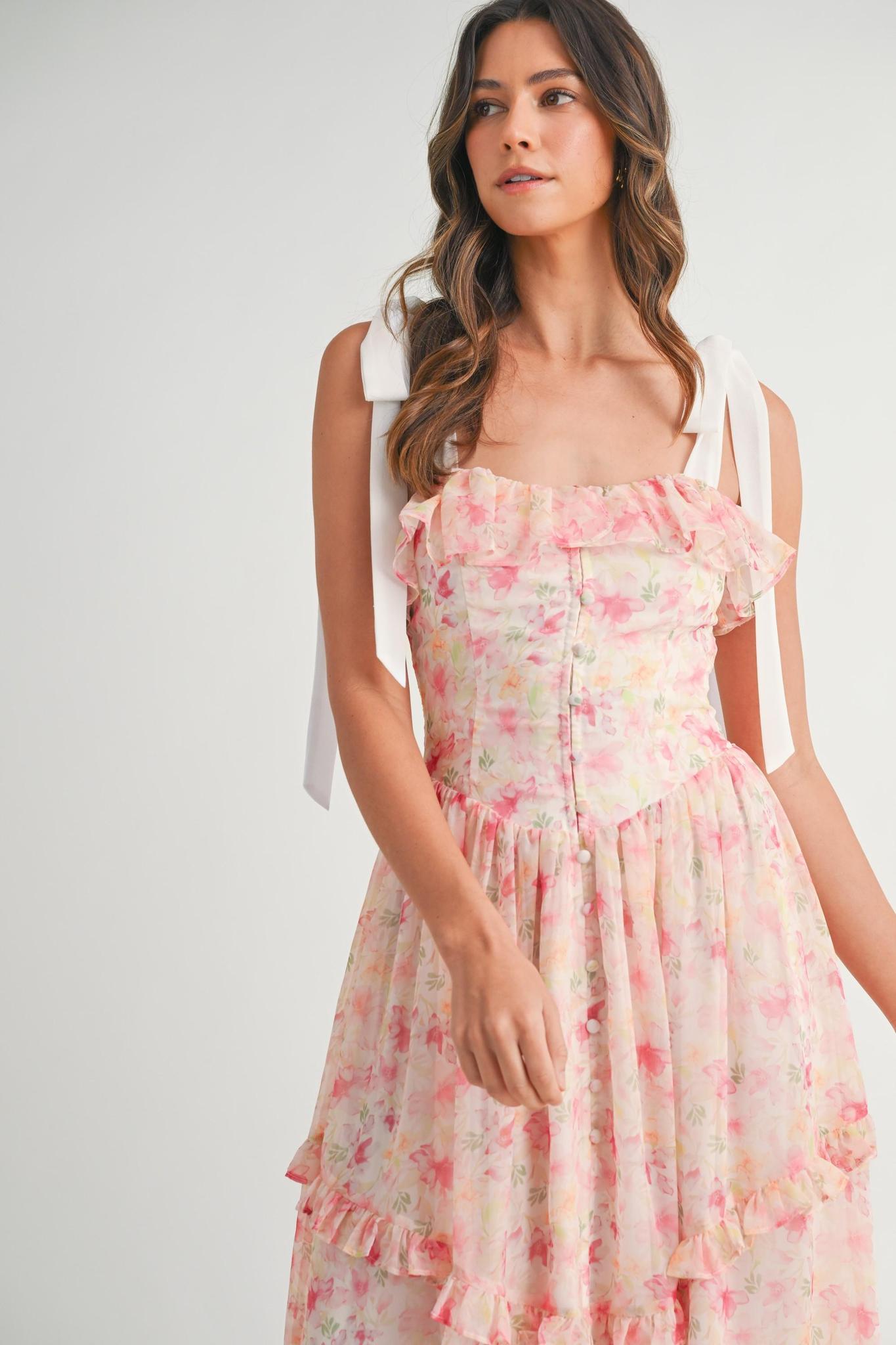 Pink Floral Printed Shoulder Strap Midi Dress