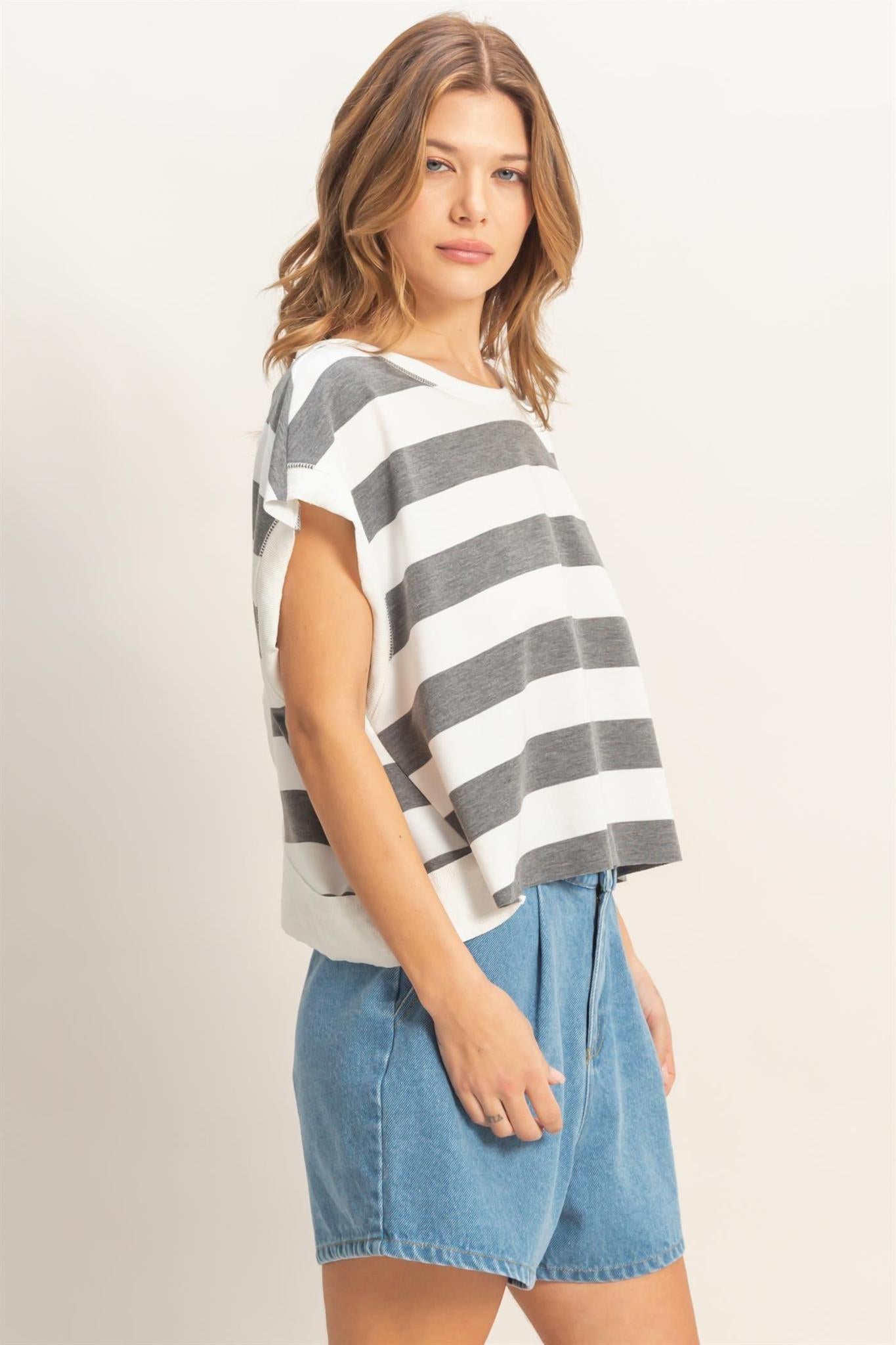 Striped Boxy Crew Neck Top - Heather Gray