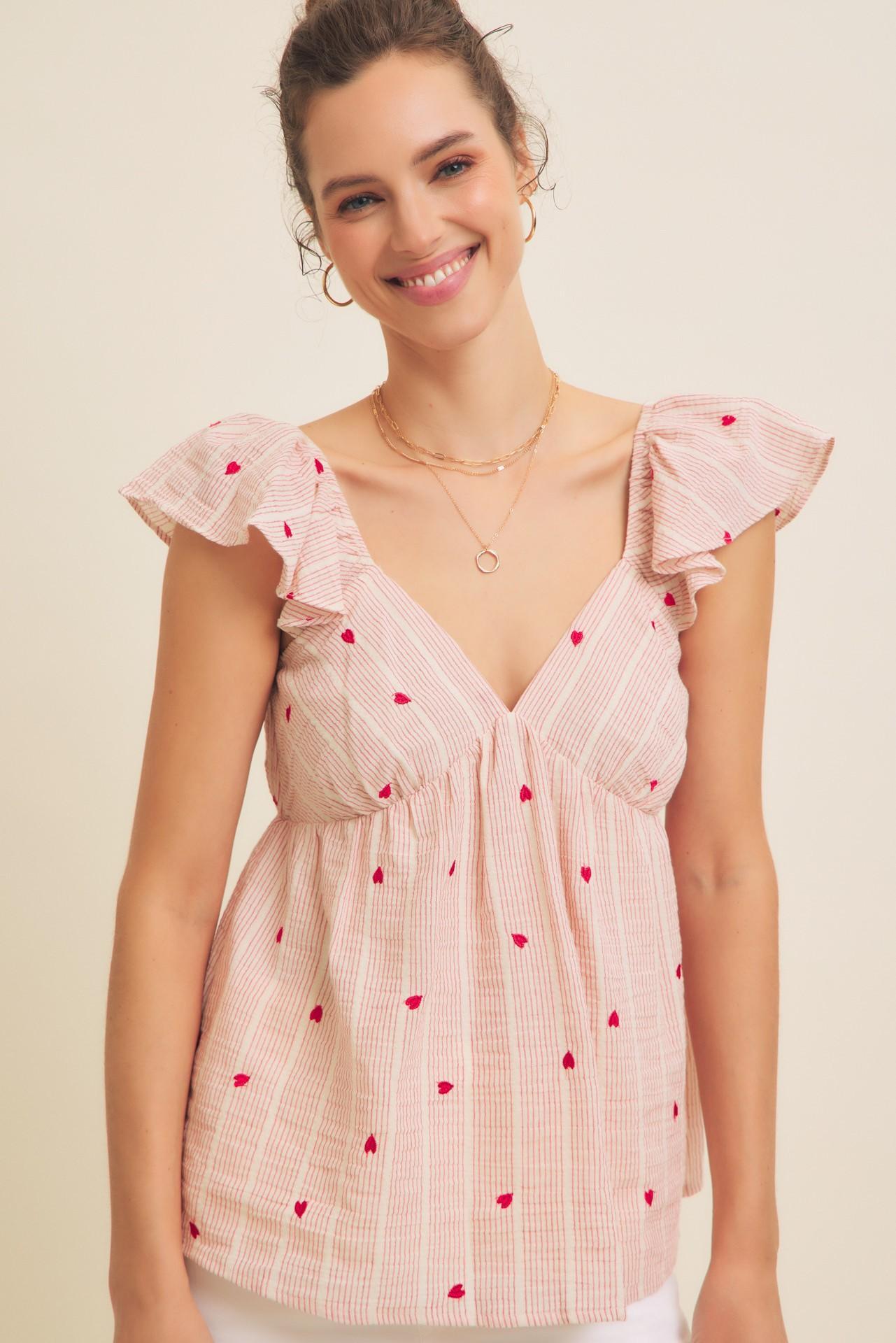 Heart Embroidery Stripe Cotton Linen Blend Top