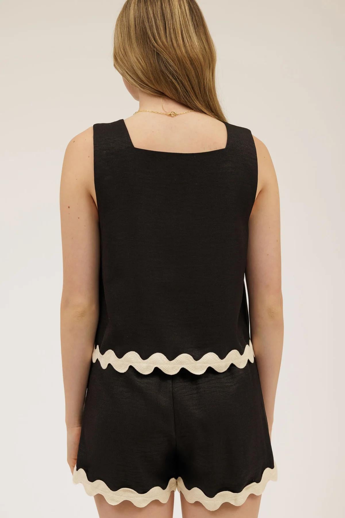 CONTRAST WAVY HEM SLEEVELESS SET