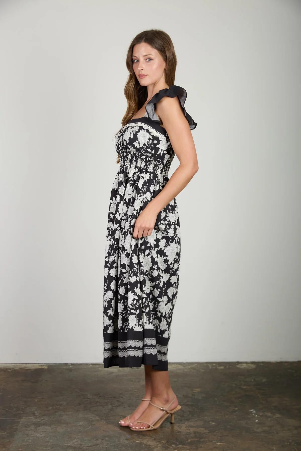 BLACK FLORAL BORDER DETAIL SMOCKED WAIST MIDI DRESS