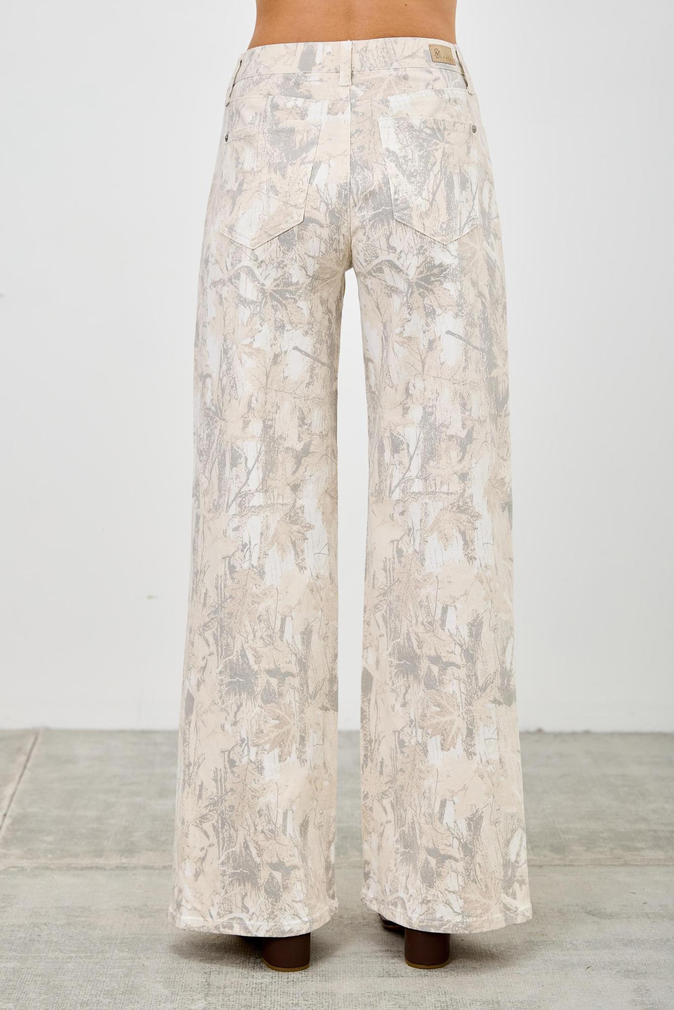 White Camo Mid Rise Printed Wide Straight