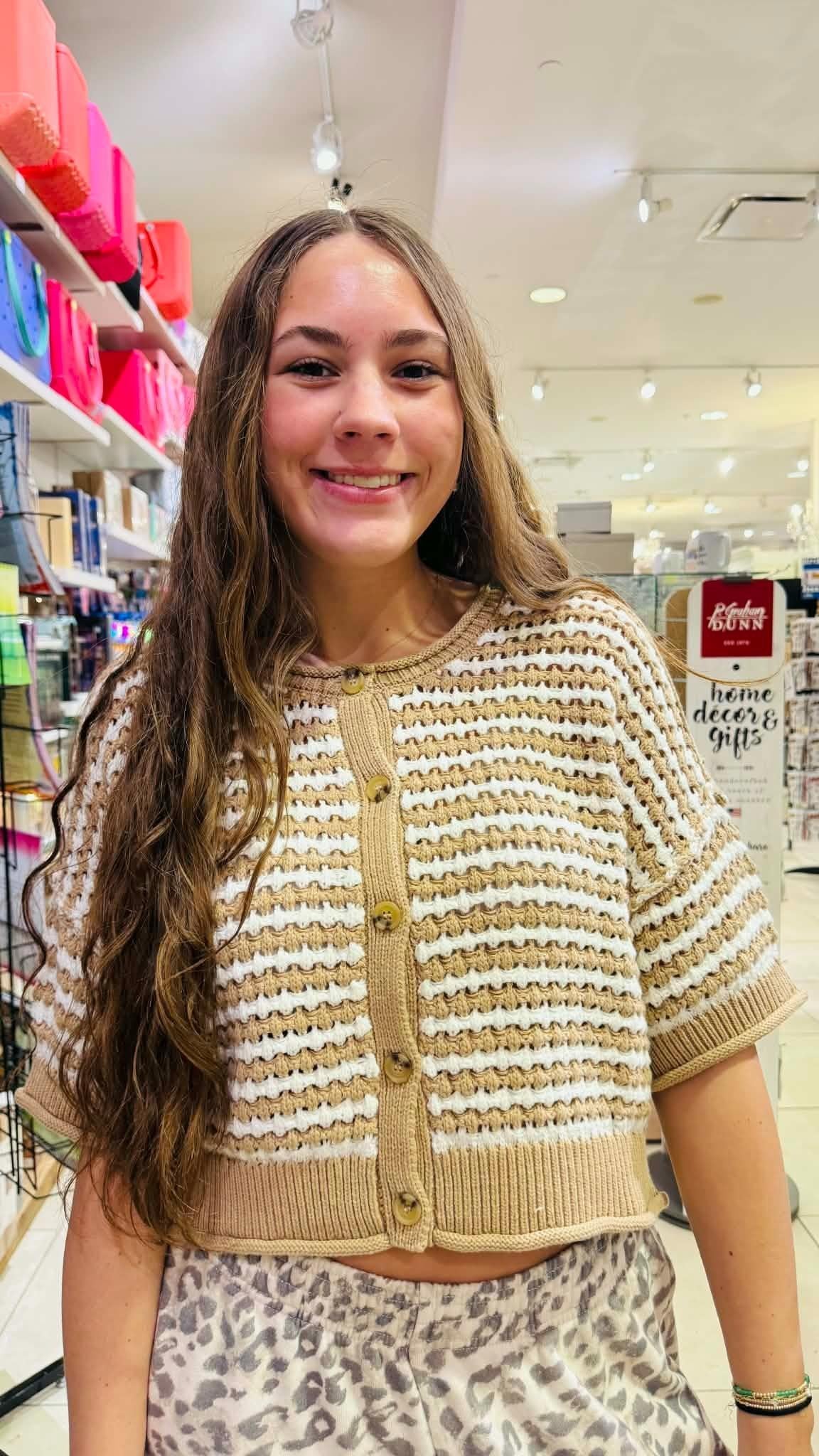 Crocheted Button Down Short Sleeve Sweater