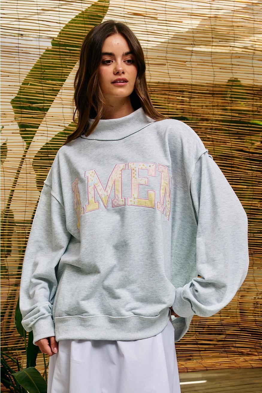 'Amen' Embroidered Patchwork Mock Neck Sweatshirt