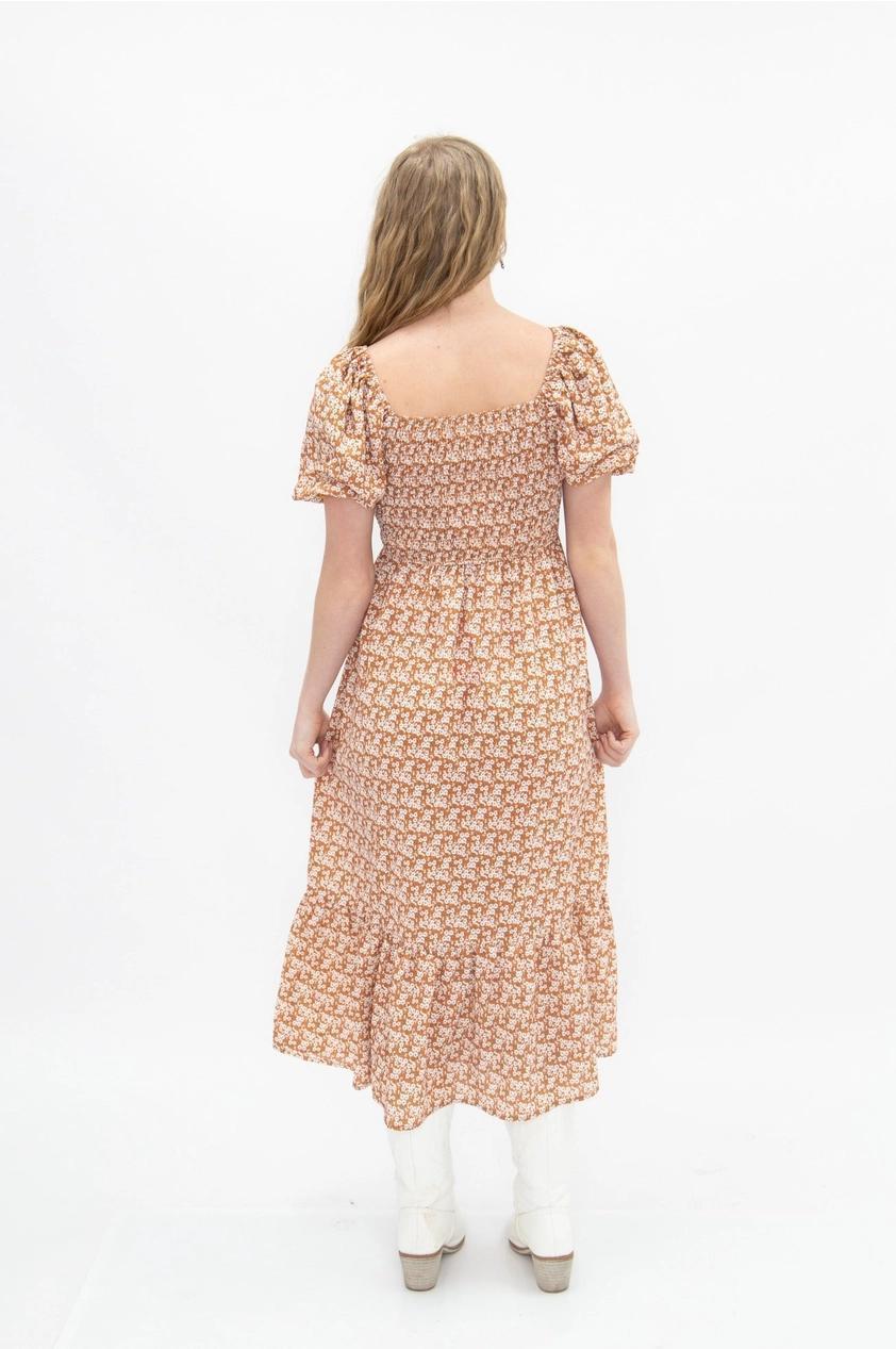 Rust Floral Puff Sleeve Midi Dress