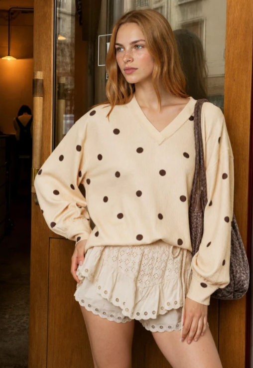 BUTTER YELLOW - POLKA DOT LONG SLEEVE TEXTURED KNIT TOP