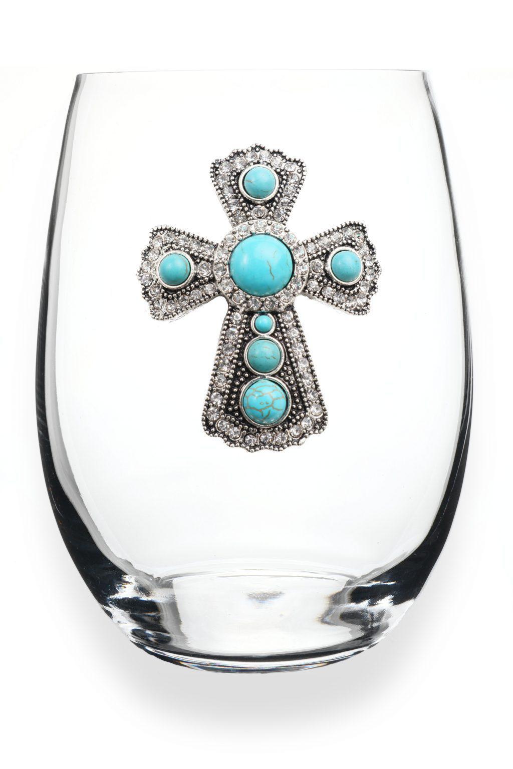 Turquoise Cross Stemless Wine Glass