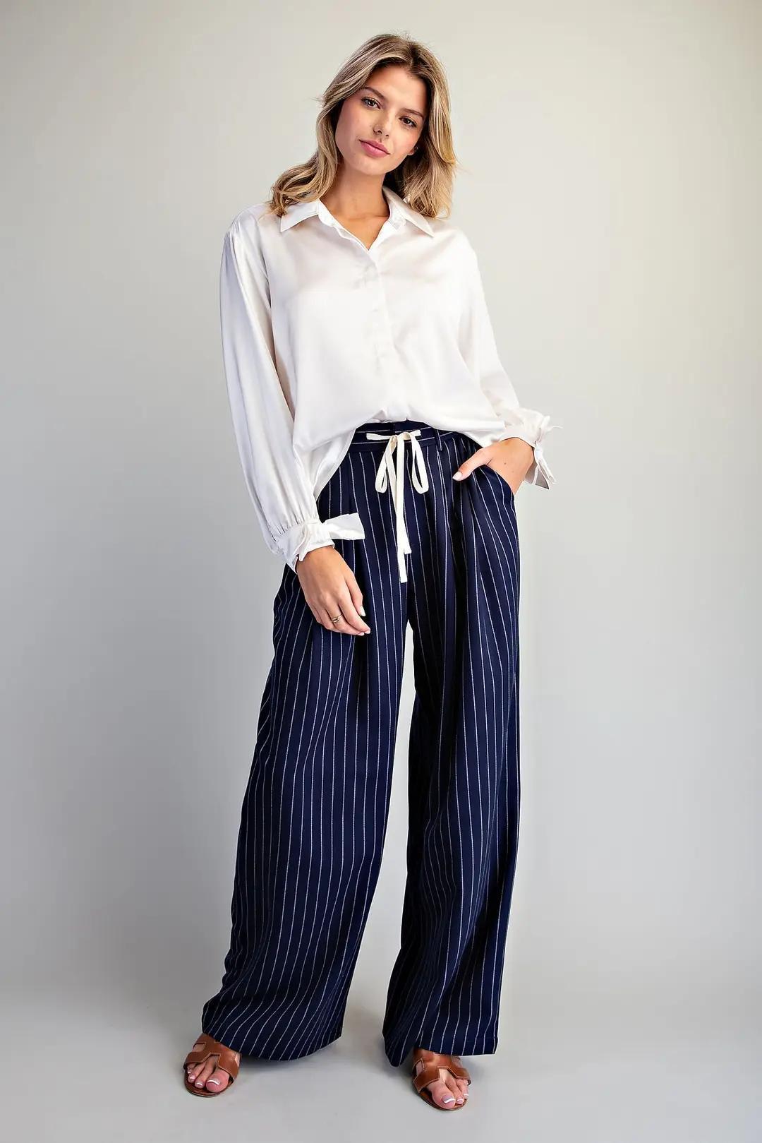 Navy Pinstriped Front Tie Pants
