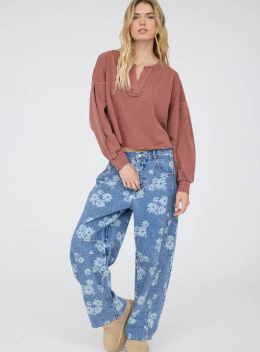 TERRACOTTA NOTCH NECK BOXY LONG SLEEVE KNIT CROP TOP