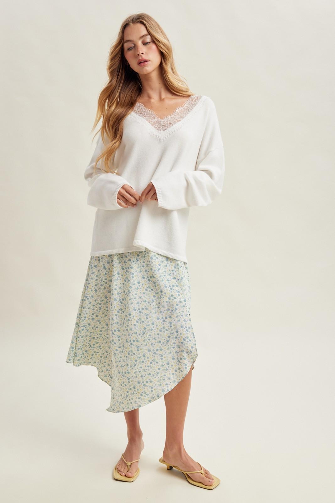 Off-White Lace Trim V-neck Sweater
