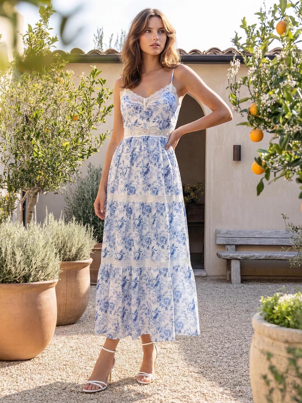 Blue Floral Midi Dress with Lace Trim