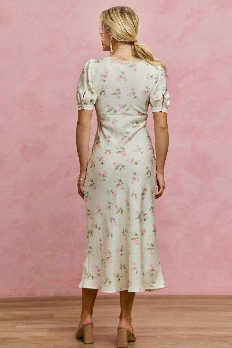 Floral Satin Print Lace Trim Midi Dress