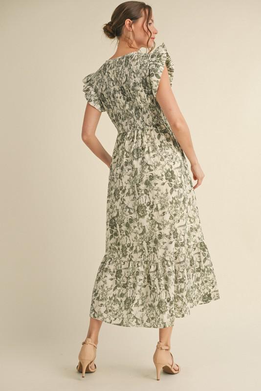 Green Print Midi Dress with Pockets