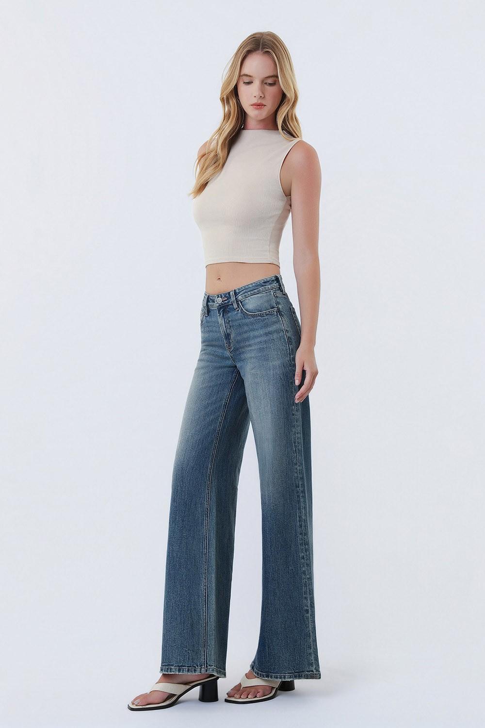 Mid Rise Medium Dark Wash Wide Leg Jeans