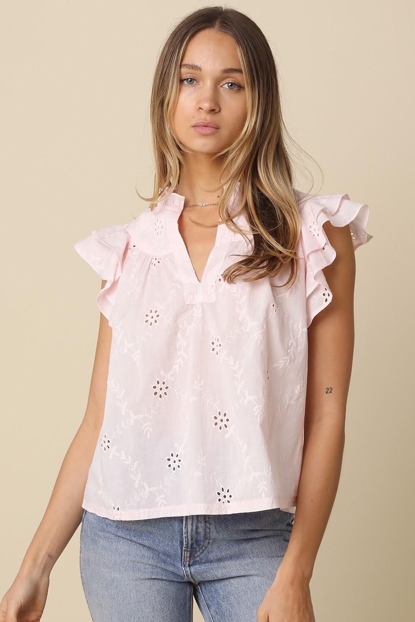 Pink Yasmin Eyelet Ruffle Sleeve Blouse