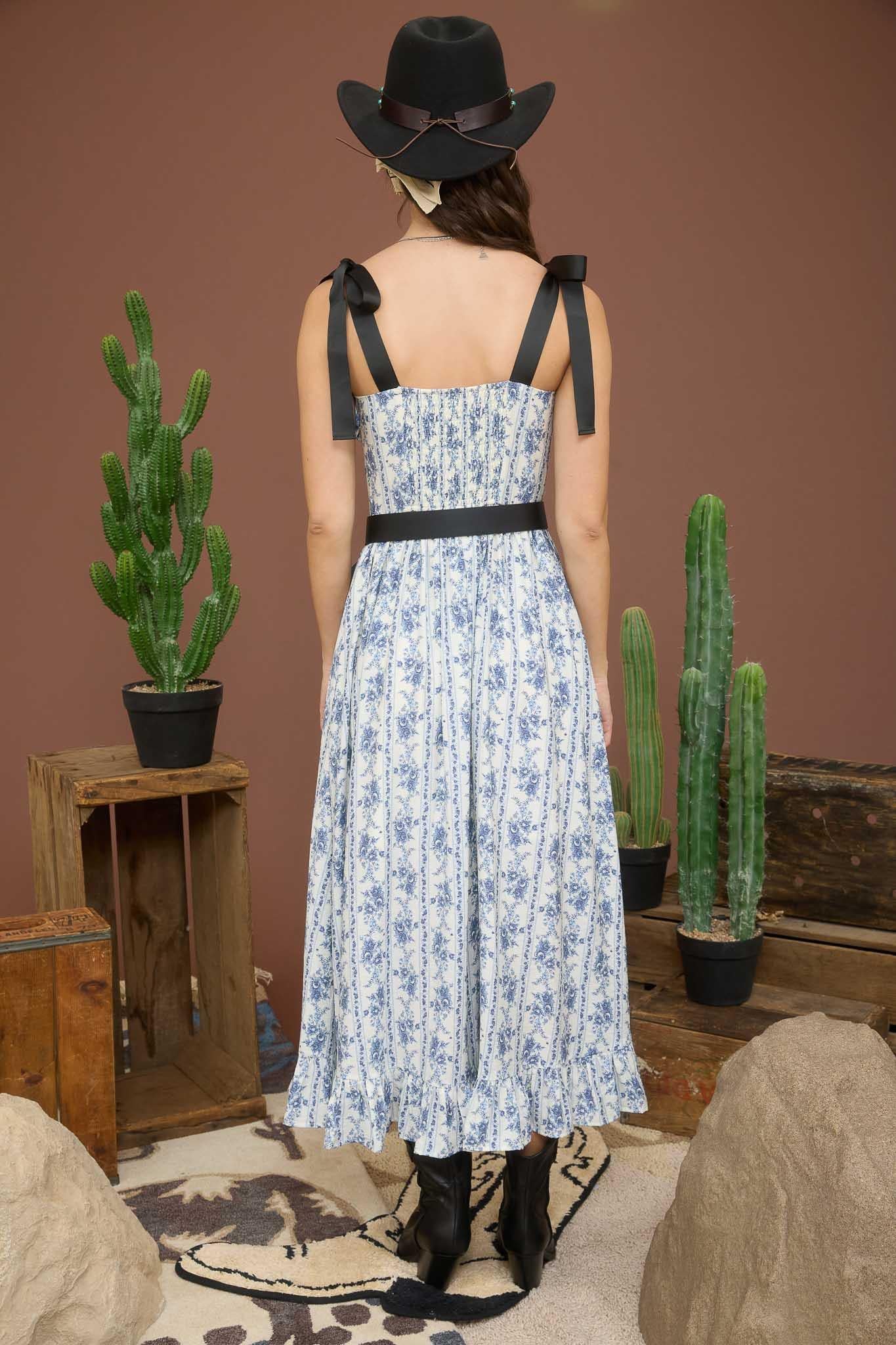 Blue Floral Striped Ruffle Midi Dress