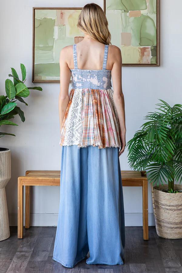 Washed Plaid Zip Front Denim Top