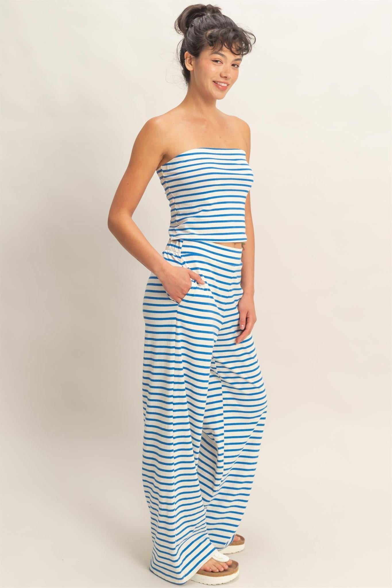 Blue Striped Jersey Tube Top And Pants Set