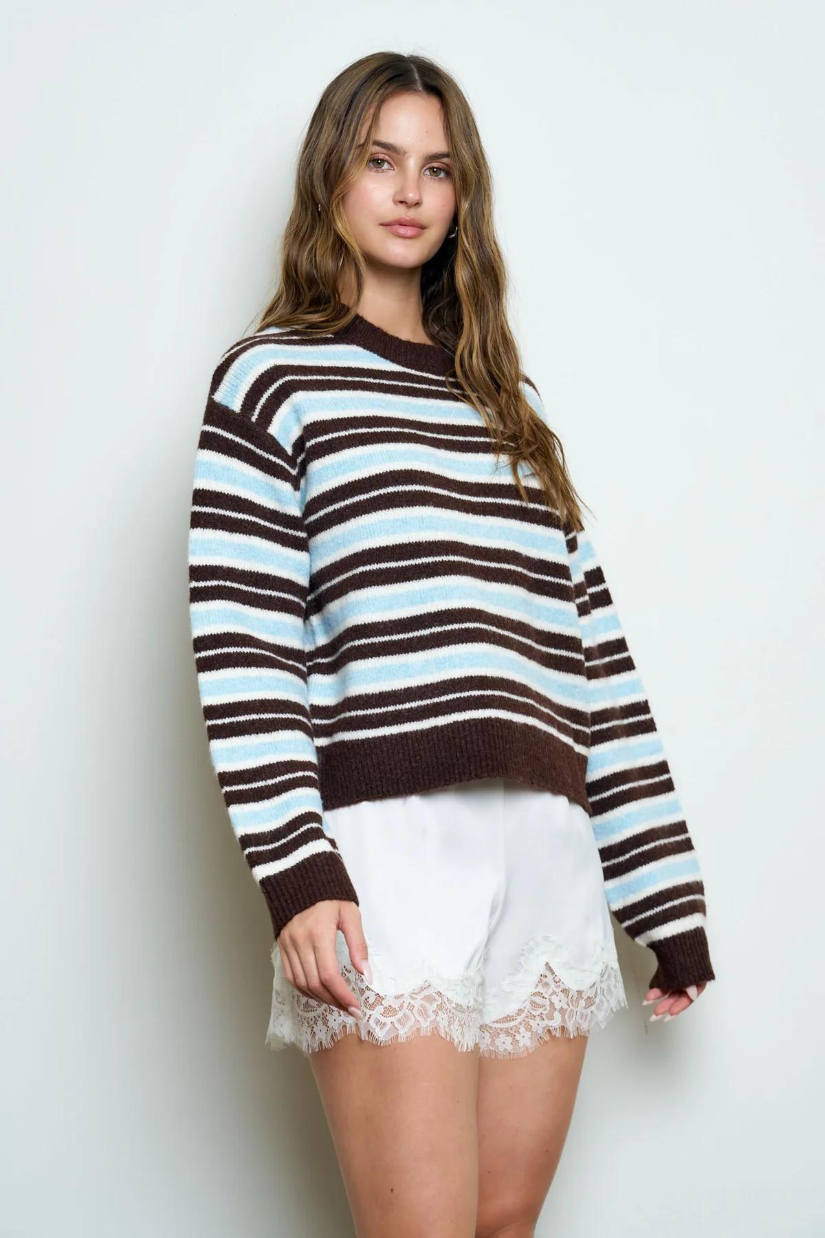 LIGHT BLUE MULTI-COLOR STRIPE CREWNECK KNIT SWEATER