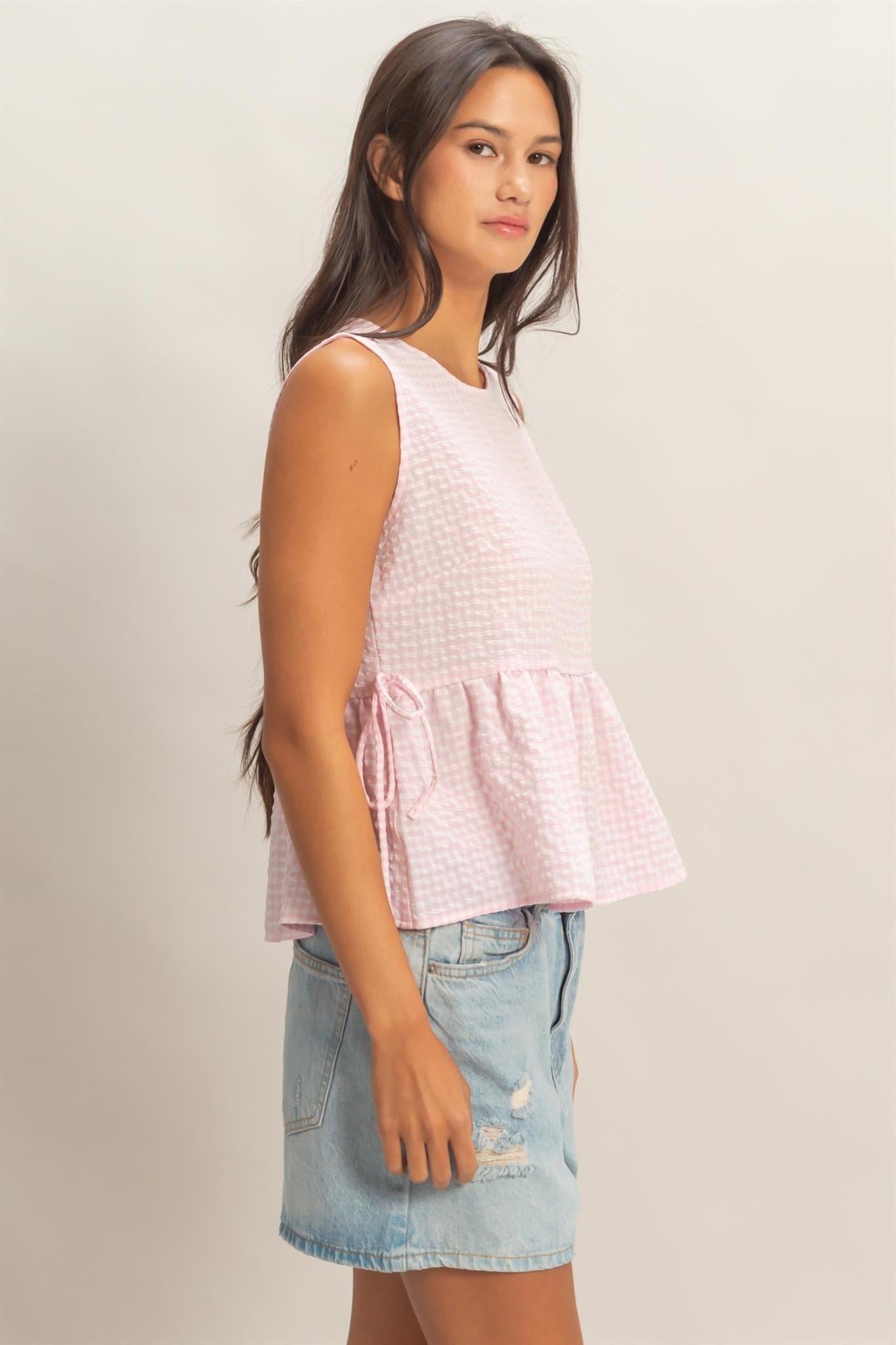 Pink Gingham Sleeveless Peplum Top with Side Ties