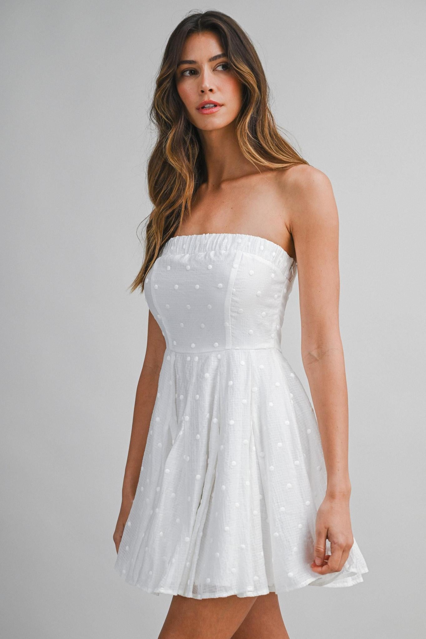 Textured Dot Strapless Flared Skirt Mini Dress