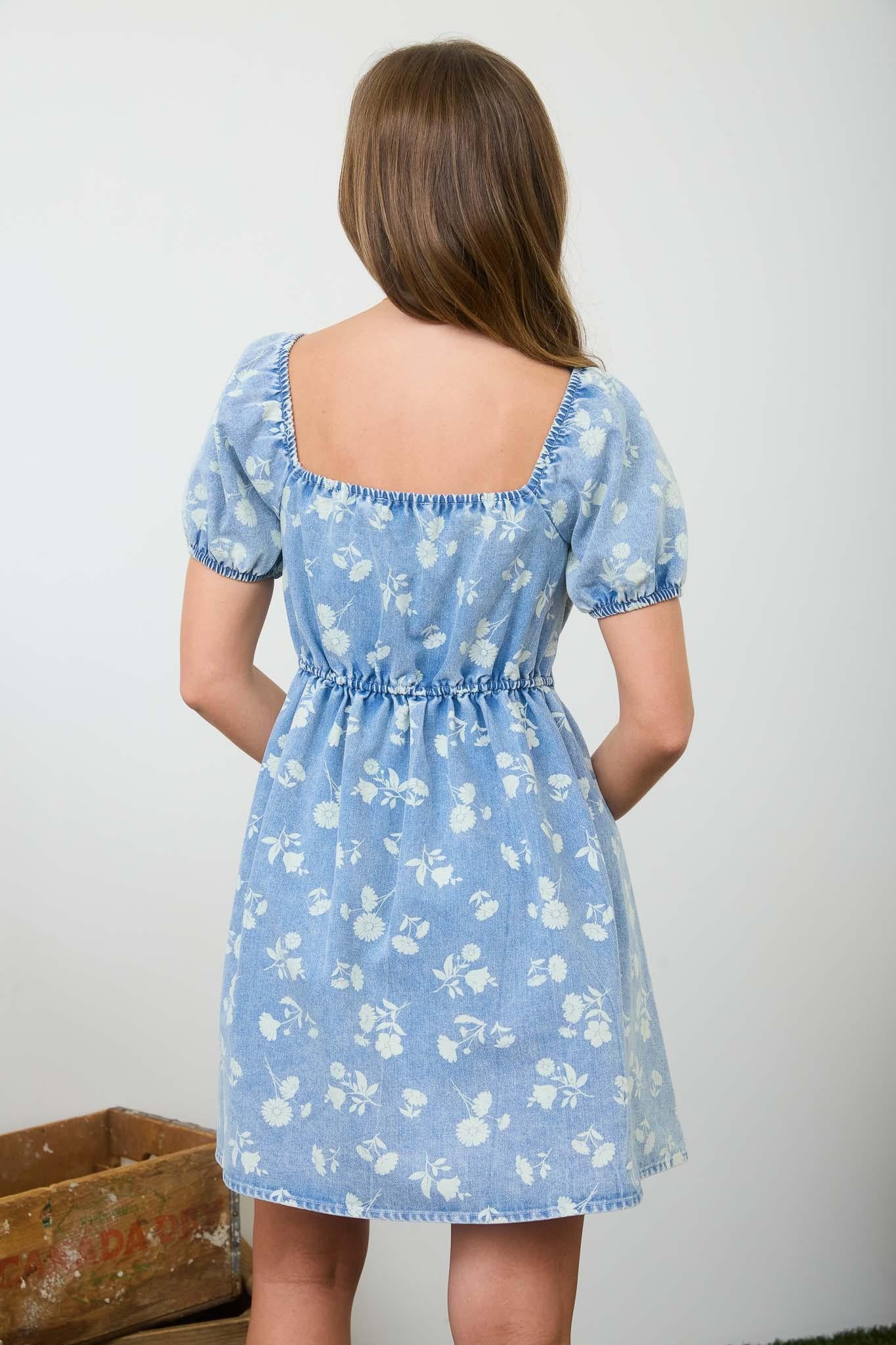 Floral Washed Denim Short Puff Sleeve Mini Dress
