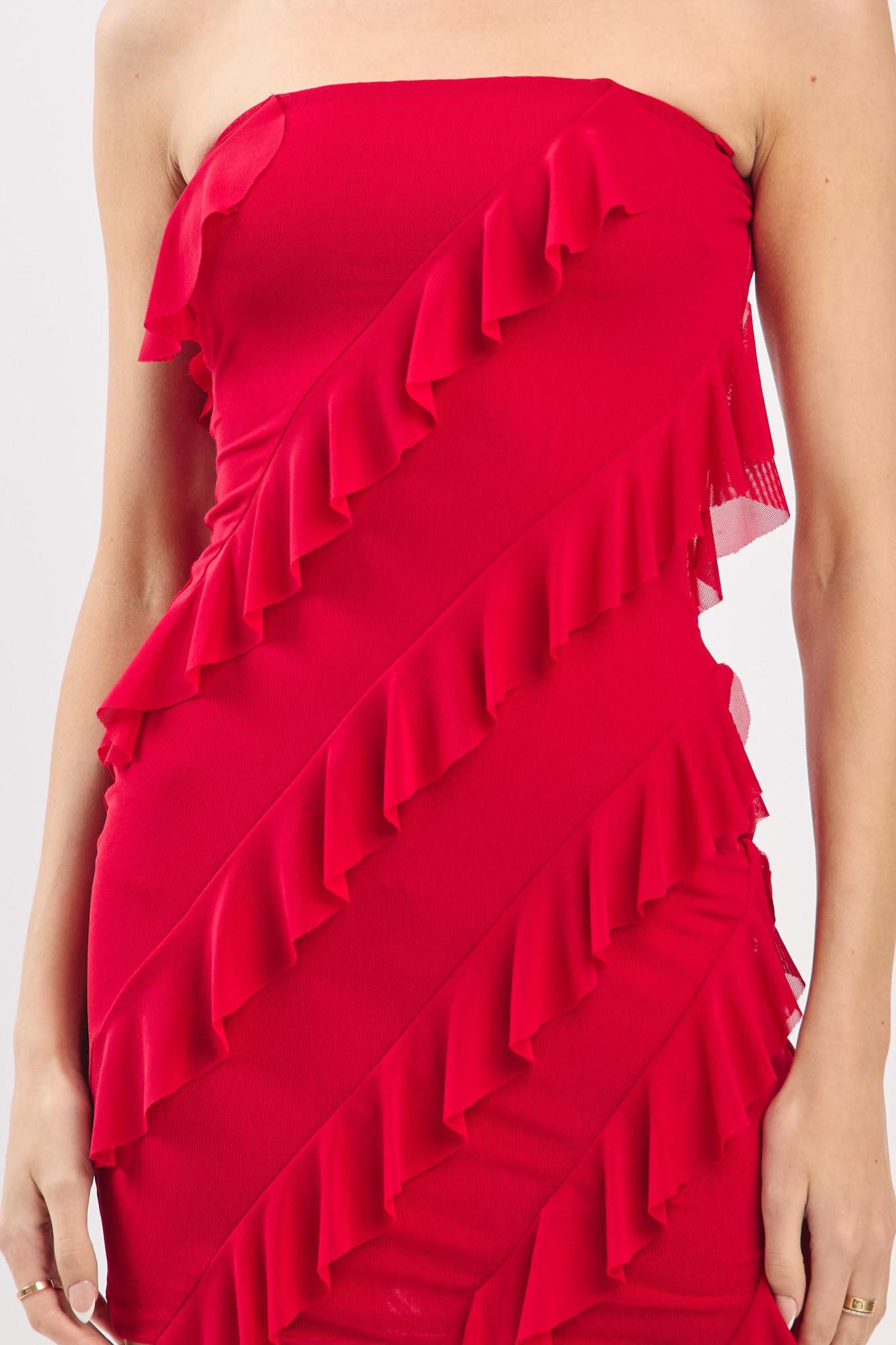 Red Ruffle Strapless Tube Mini Dress