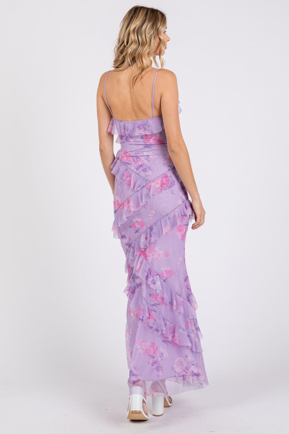 Lavender Mesh Floral Mermaid Ruffle Maxi Dress
