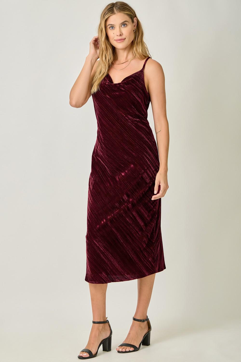 Cowl Neck Crinkle Velvet Slip Dress