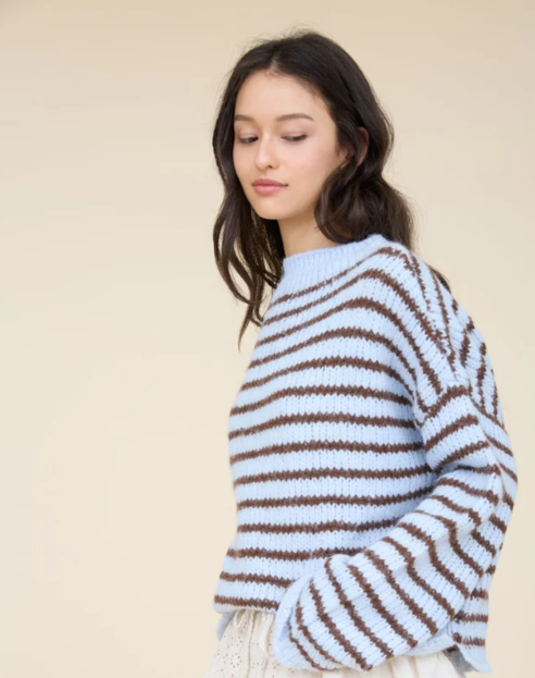 STRIPE ROLLED - EDGE DETAIL LONG SLEEVE KNIT SWEATER - light blue