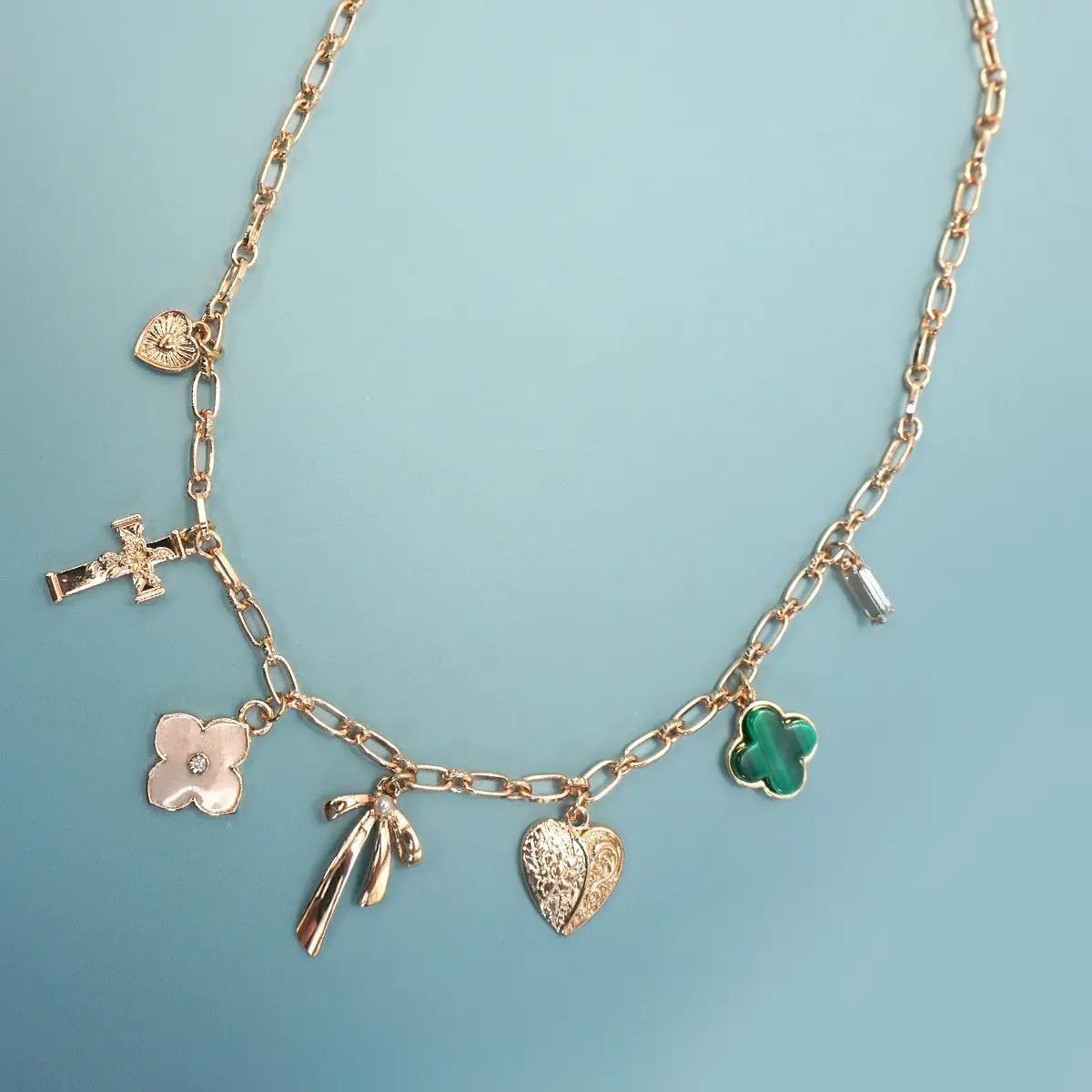 Charm Necklace-Green Clover Bow Cross Heart
