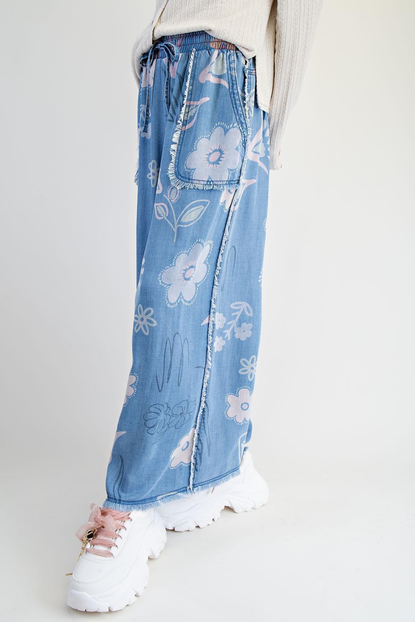 Floral Print Washed Chambray Pants