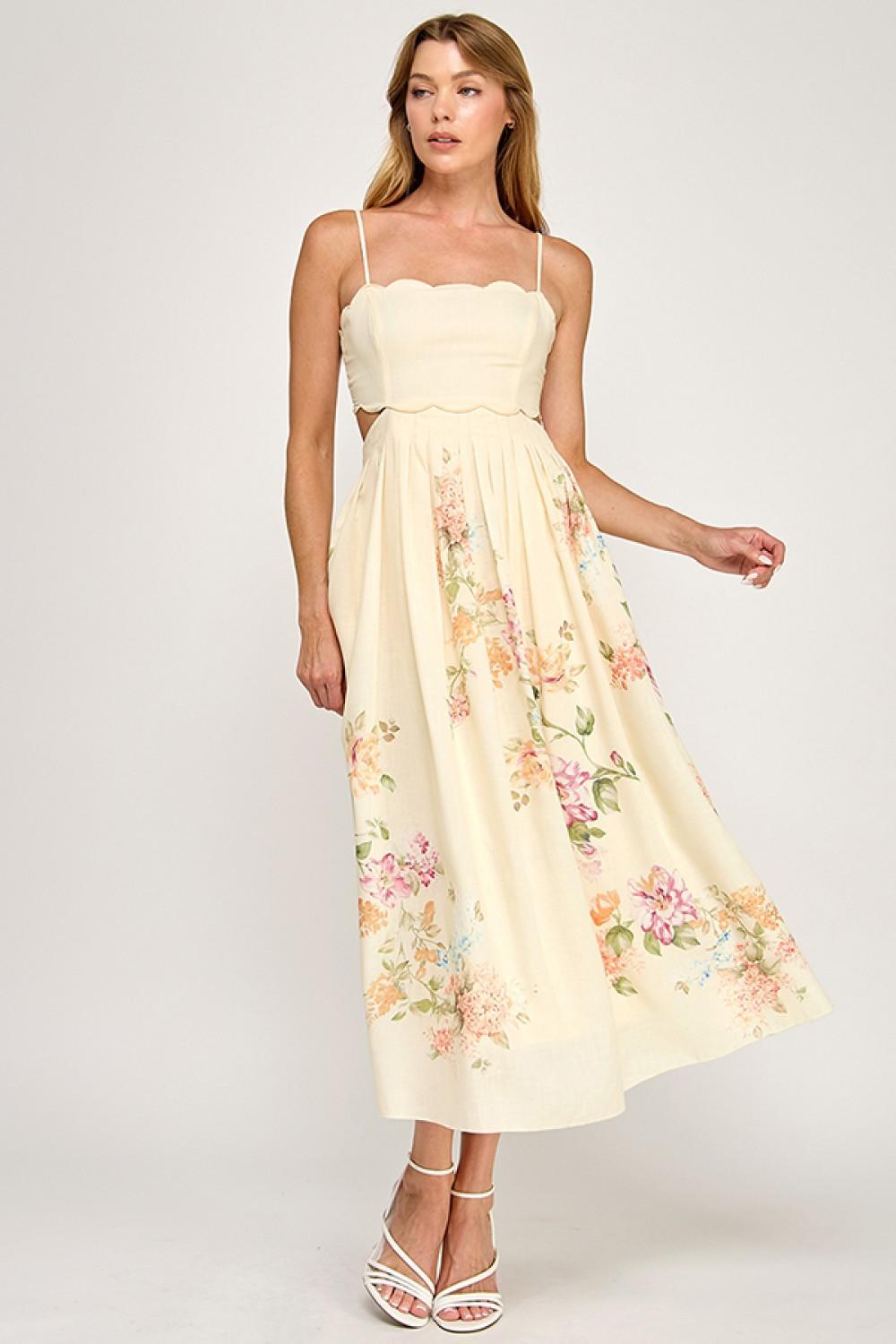 Cream Floral Scallop Dress