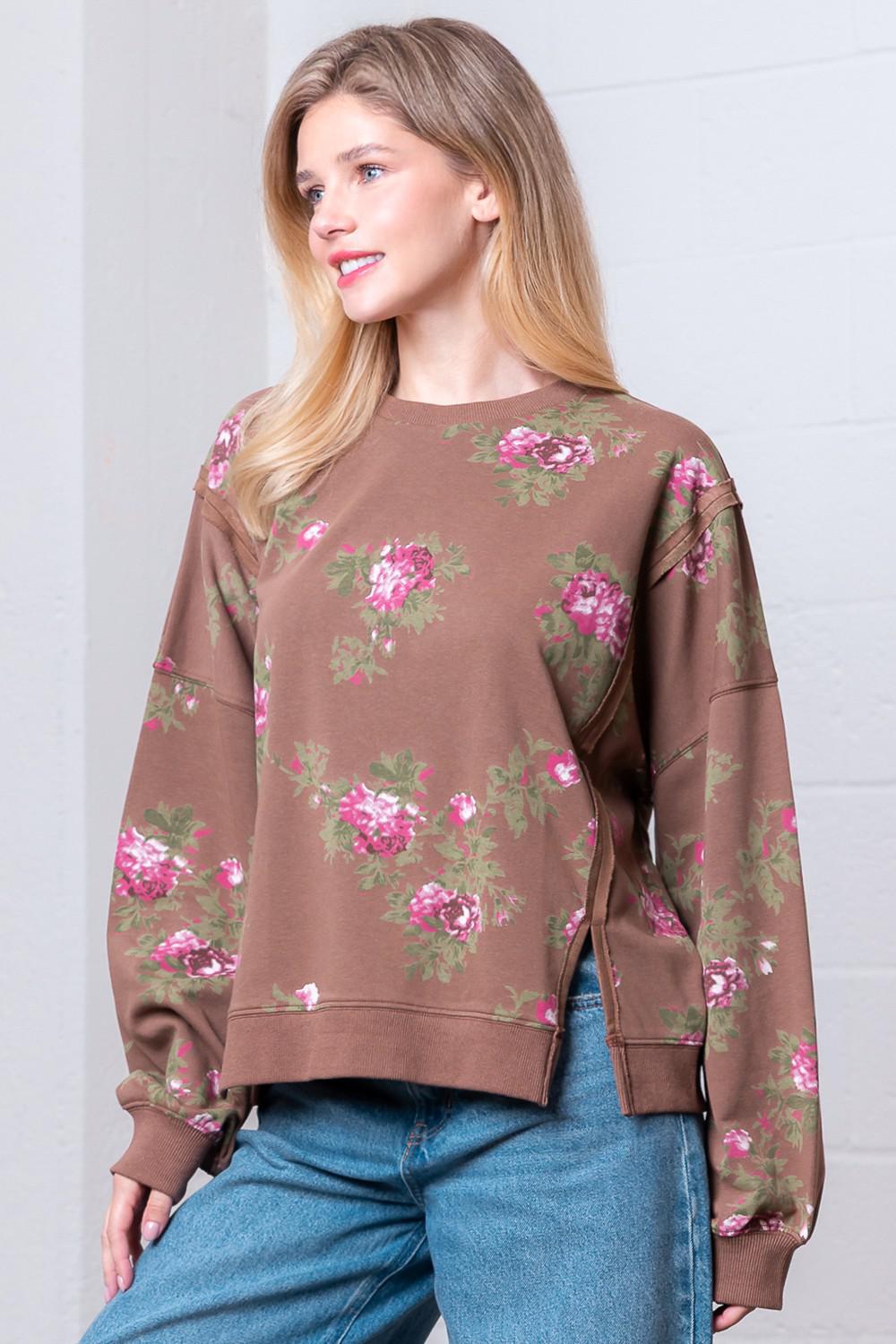 Chestnut Boat Neck Flower Printed Sweatshirt