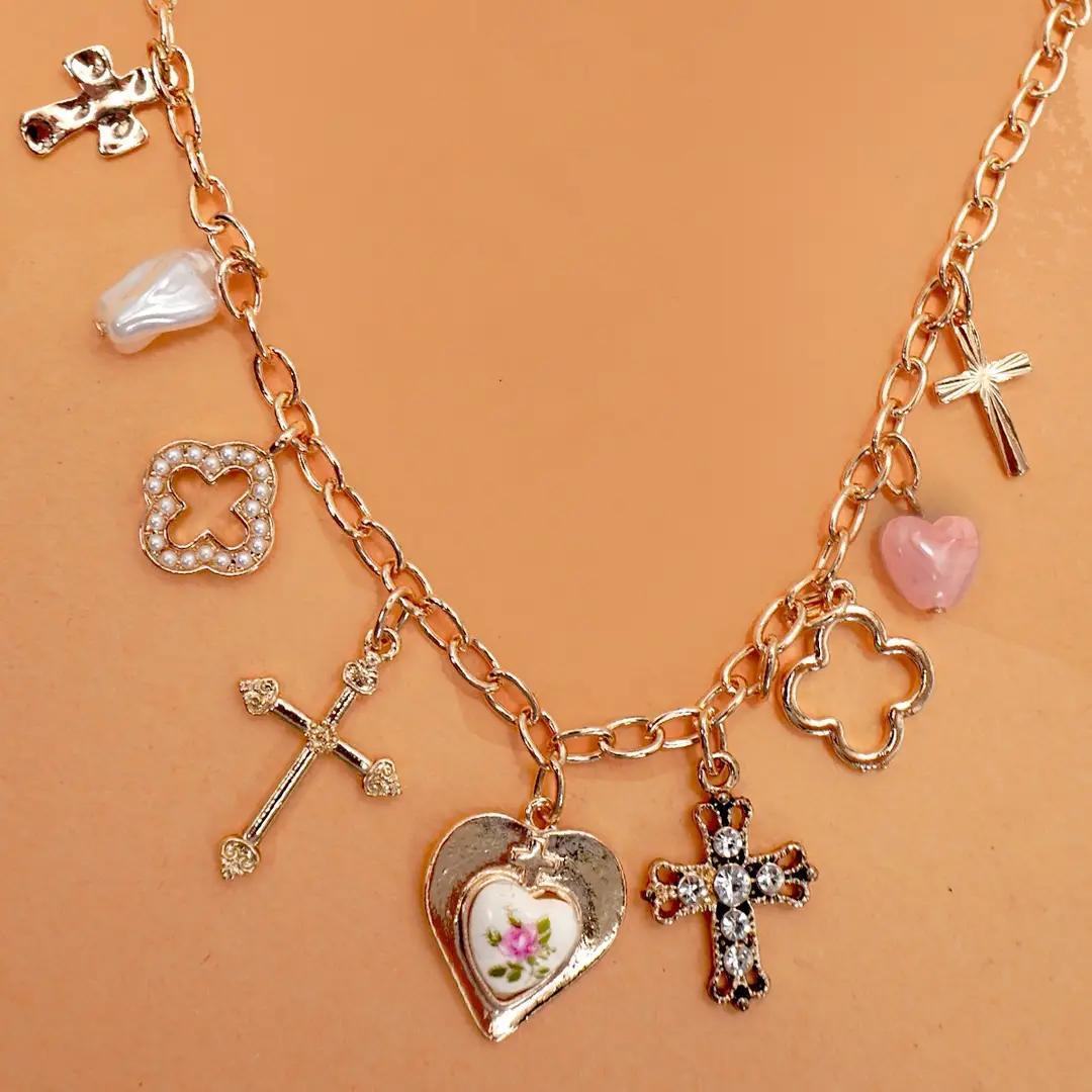 Charm Necklace-Clover Cross Porcelain Flower