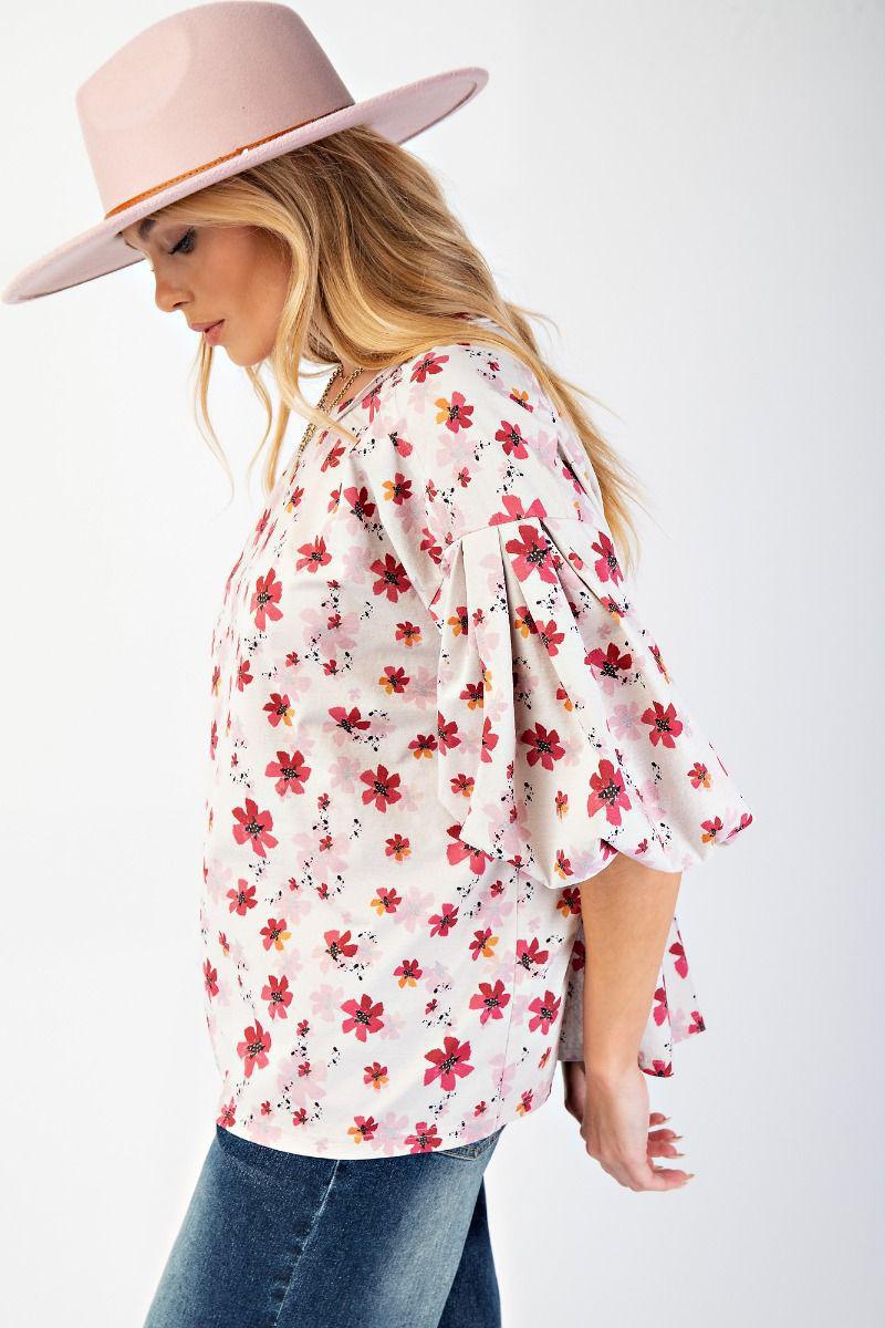 Lilac Floral Bubble Sleeve Blouse