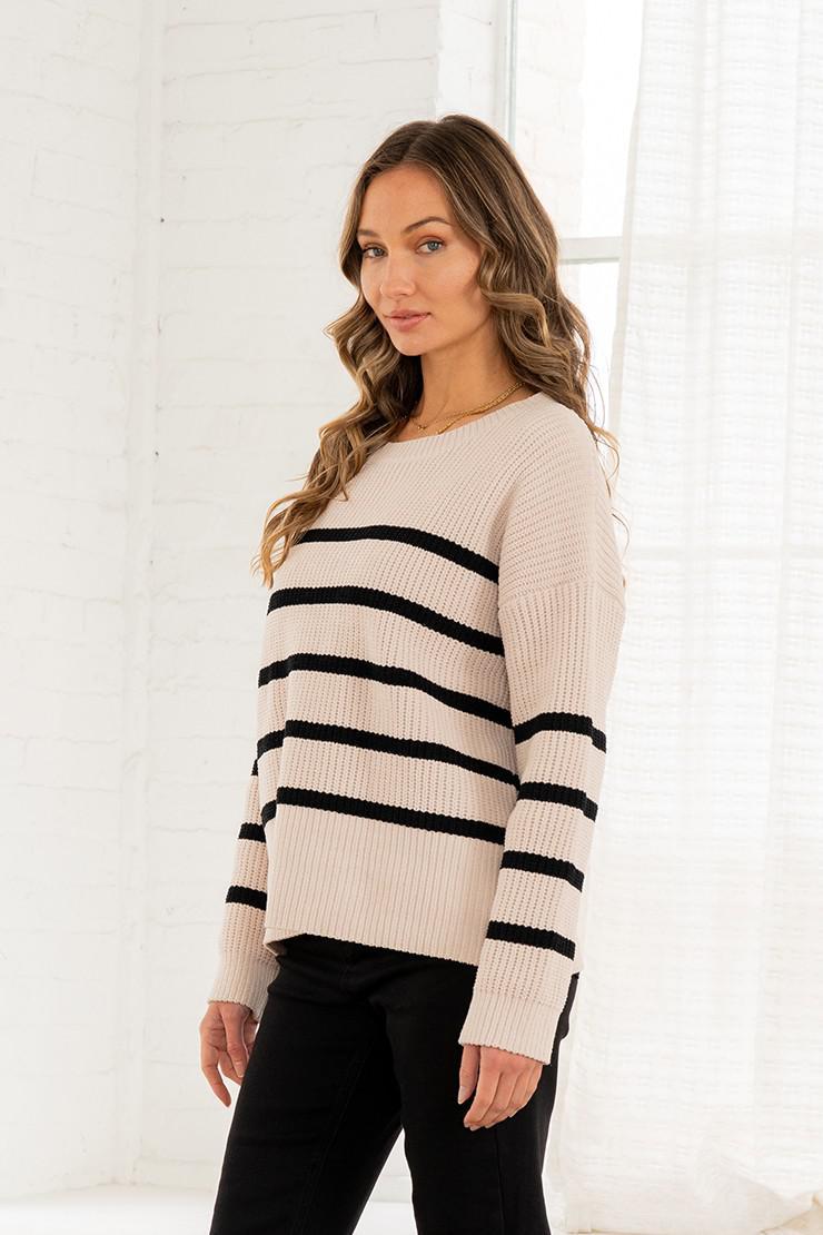 Oatmeal and Black Ribbed Knit Striped Sweater