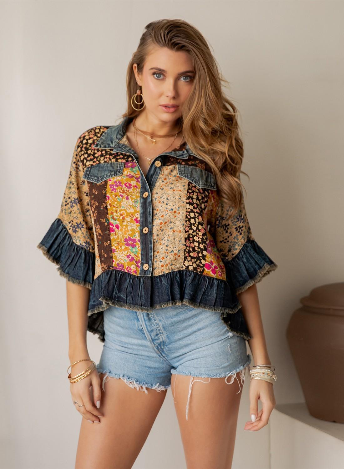 Distressed Denim Crop Jacket With Ruffled Hem