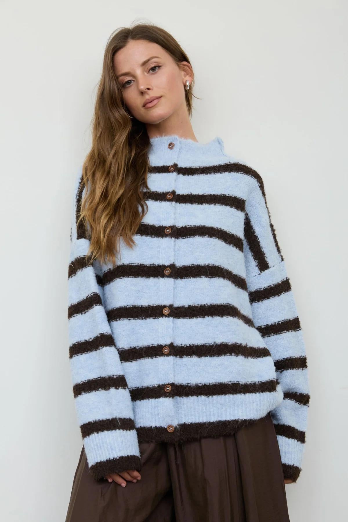 BLUE STRIPE MOCK NECK BUTTON DOWN FUZZY KNIT CARDIGAN